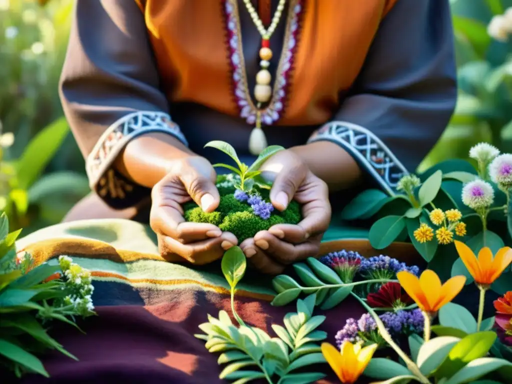 Un sanador indígena cuida con esmero un jardín lleno de plantas medicinales