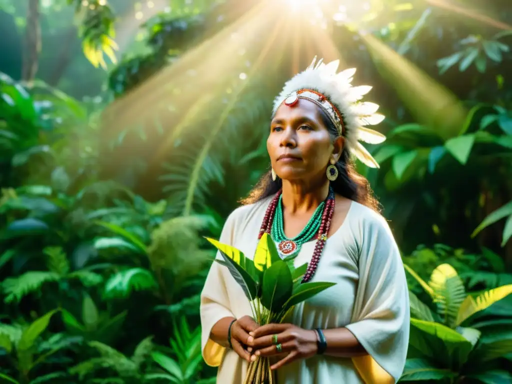 Un sanador indígena en la exuberante selva, rodeado de plantas medicinales