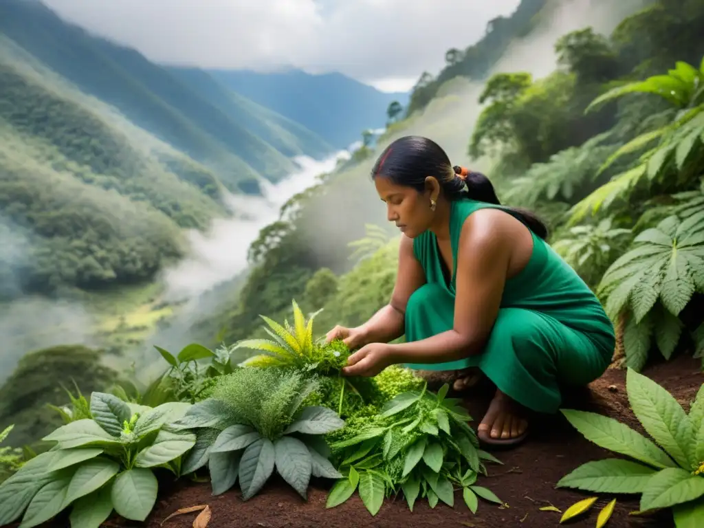 Sanador indígena seleccionando hierbas aromáticas en la montaña, con impacto equidad medicina tradicional en la naturaleza exuberante y la luz dorada