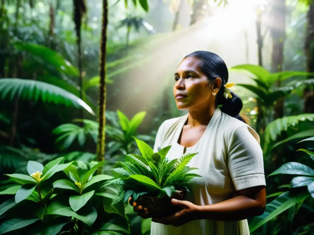 Sanador indígena recolectando hierbas medicinales en la exuberante selva, rodeado de flora y fauna vibrante