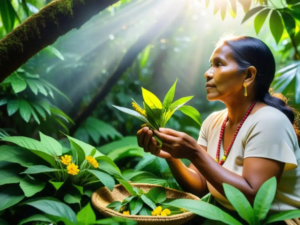 Un sanador indígena seleccionando hierbas medicinales en la selva, en armonía con la naturaleza y desafiando la patentación de conocimientos herbales