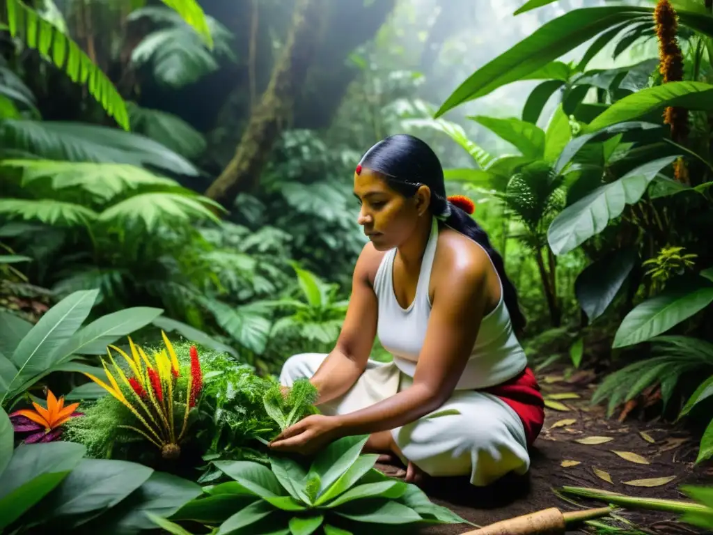 Un sanador indígena recolecta hierbas y plantas en la selva, conectando con la naturaleza y su conocimiento ancestral, mostrando el impacto de las leyes de propiedad intelectual en la medicina tradicional