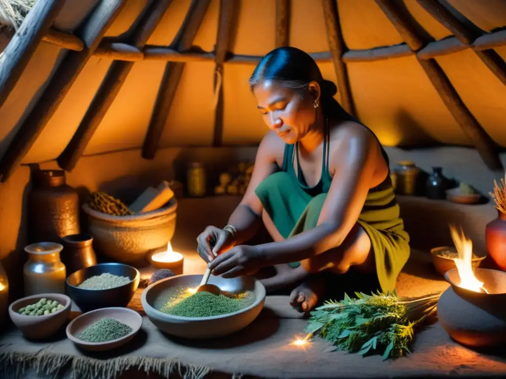 Un sanador indígena prepara medicina herbal en una cabaña rústica iluminada por una tenue luz