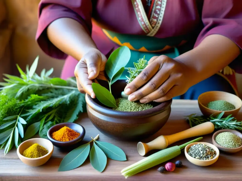 Un sanador indígena preparando una medicina tradicional con hierbas y ingredientes naturales en un mortero de madera