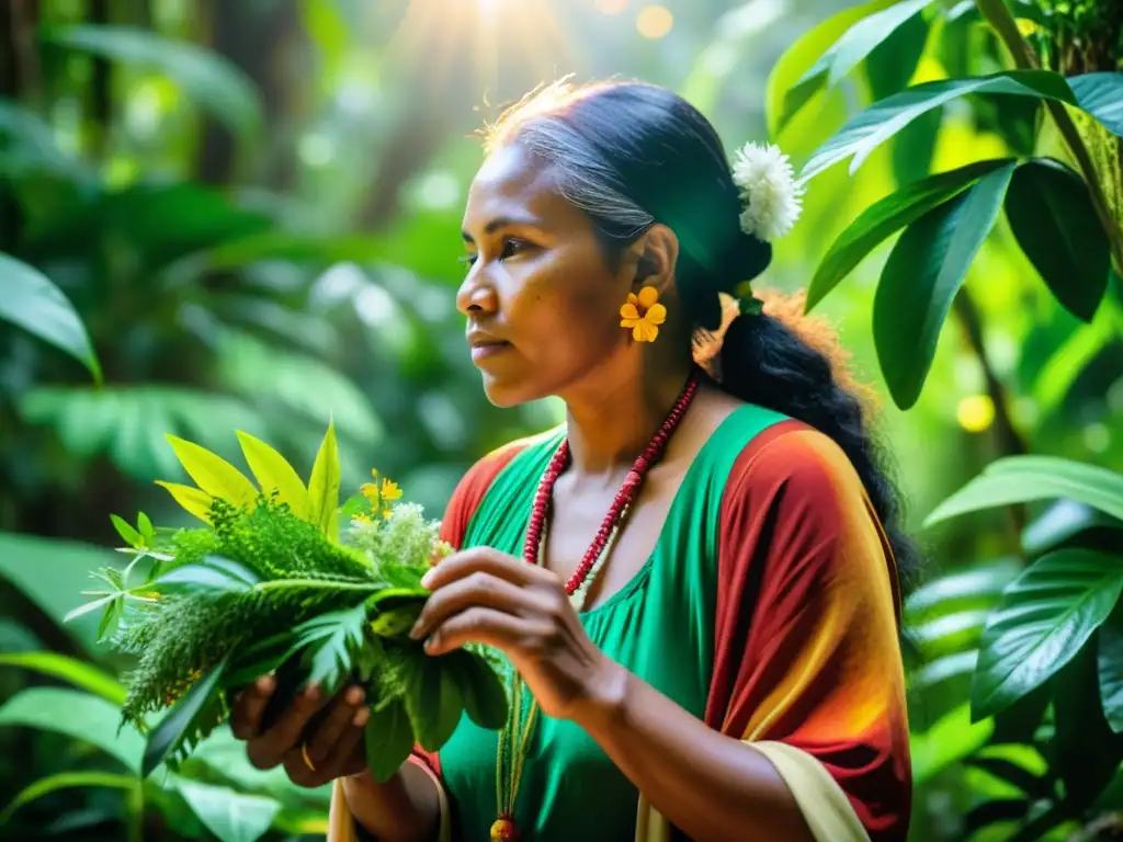 Un sanador indígena recoge plantas medicinales en la exuberante selva, demostrando respeto por la medicina indígena y la propiedad intelectual