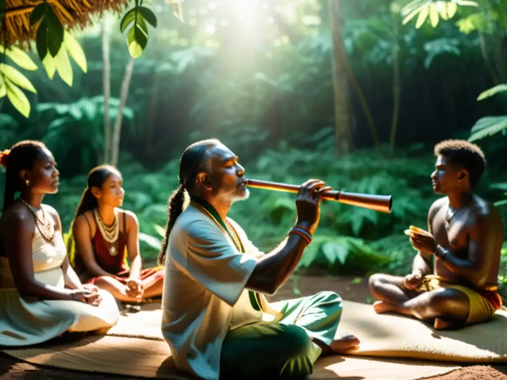 Sanador indígena realiza ritual de musicoterapia en la naturaleza, transmitiendo calma y sabiduría ancestral