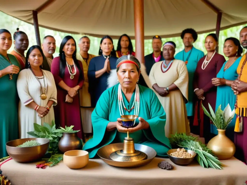 Un sanador indígena realiza un ritual rodeado de hierbas medicinales y objetos rituales, transmitiendo protección conocimientos medicina indígena