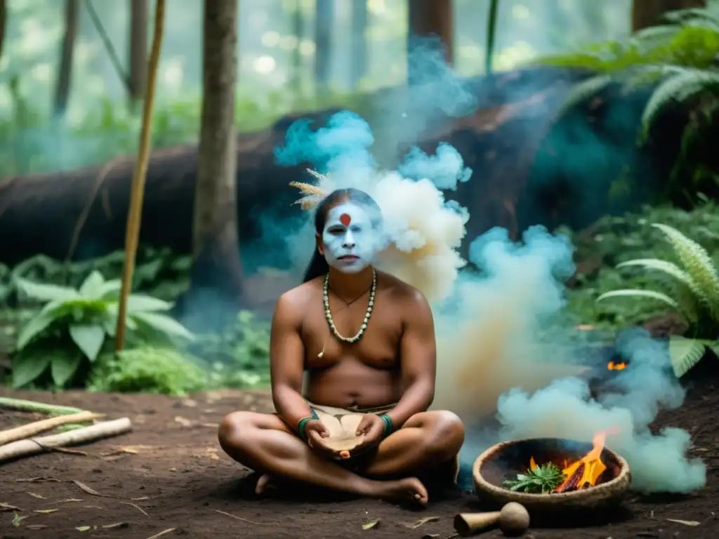 Un sanador indígena en ropa tradicional y pintura facial realiza una ceremonia de sanación en el bosque, rodeado de hierbas medicinales