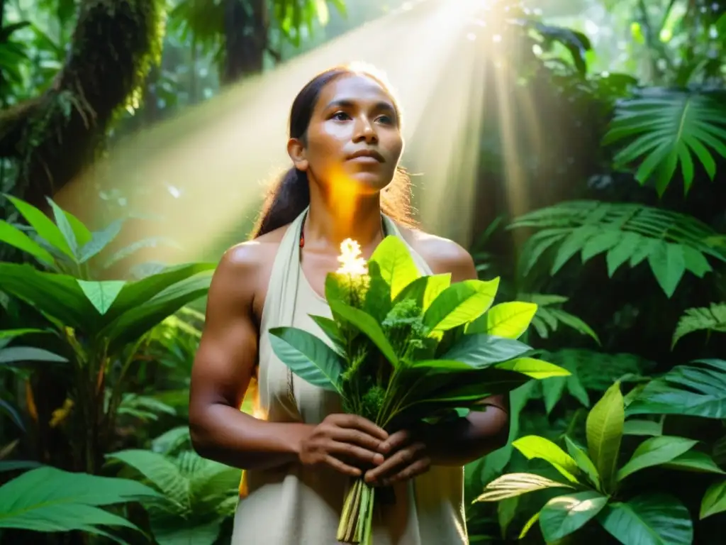 Sanador indígena en selva exuberante con plantas medicinales, reflejando conexión a la naturaleza