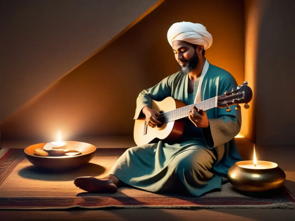 Un sanador islámico tradicional toca música tranquilizadora en un laúd mientras atiende a un paciente en un ambiente sereno con luz de velas tenue