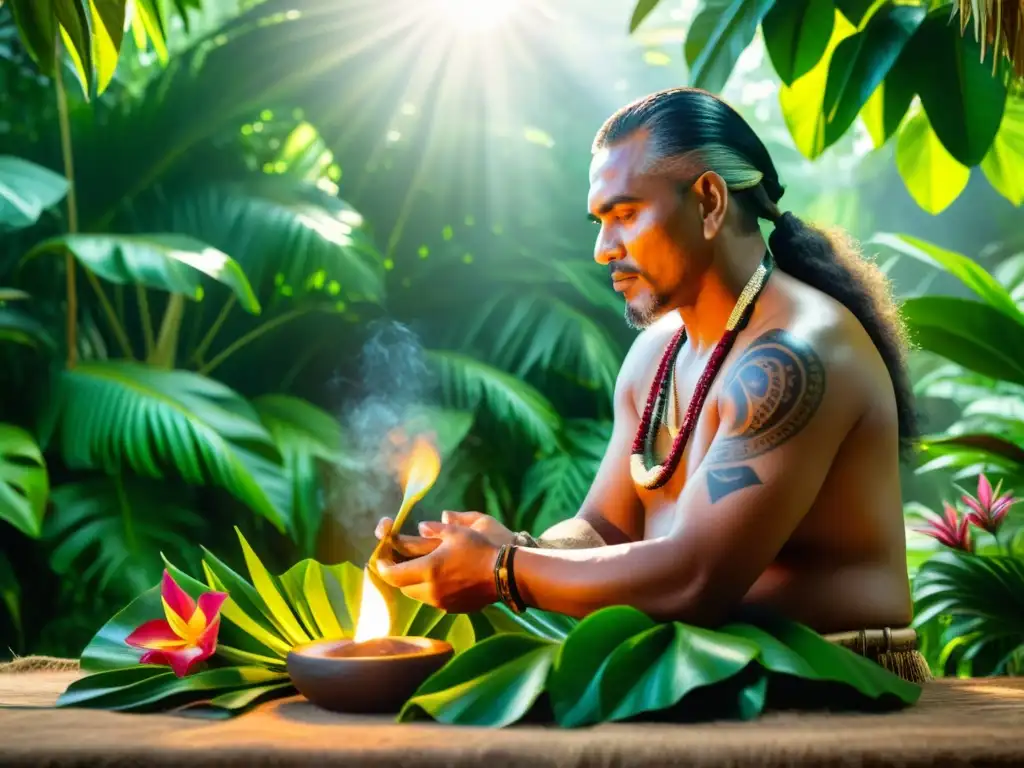 Un sanador maorí realiza un ritual sagrado entre exuberante vegetación y flores tropicales, invocando la medicina tradicional maorí hawaiana