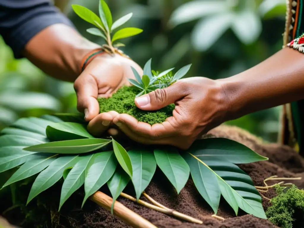 Un sanador Maorí realiza rituales con plantas medicinales en un bosque