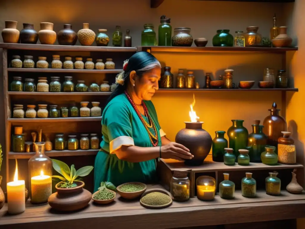 Un sanador maya prepara hierbas medicinales en un antiguo boticario, rodeado de artefactos antiguos y textiles tradicionales