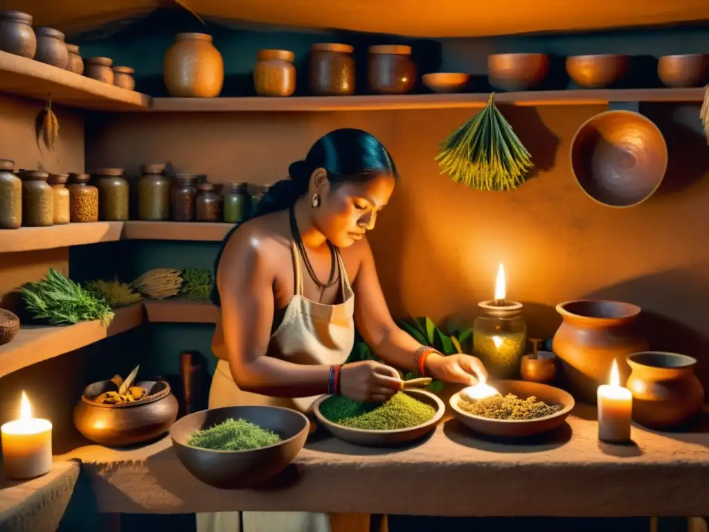 Un sanador maya prepara medicina herbal en un ambiente misterioso y lleno de sabiduría ancestral