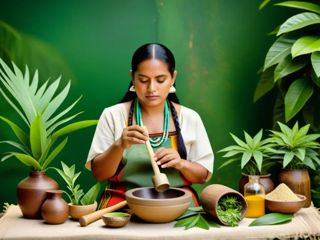 Un sanador maya preparando una medicina natural con plantas medicinales esenciales en la selva