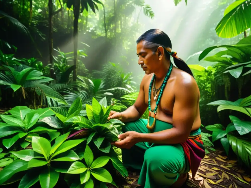 Un sanador maya tradicional recoge plantas medicinales esenciales en la exuberante selva tropical