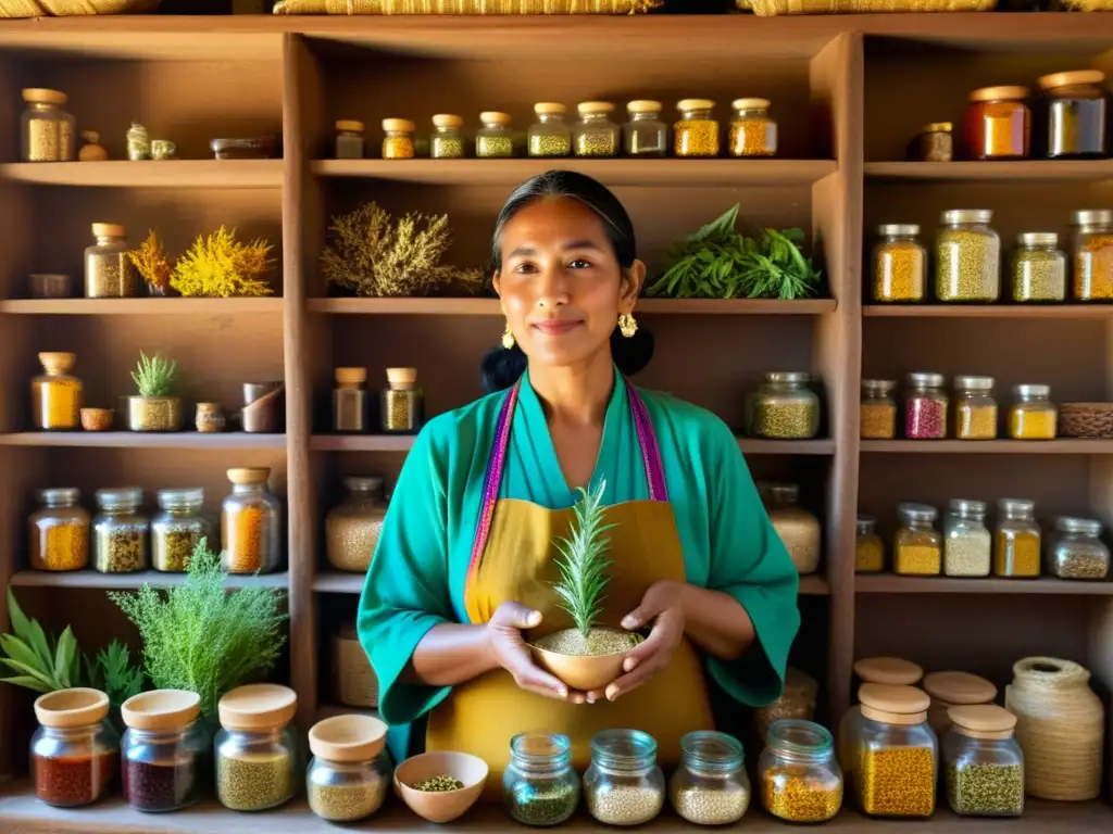 Un sanador Kaqchikel en Guatemala prepara una medicina herbal rodeado de hierbas secas