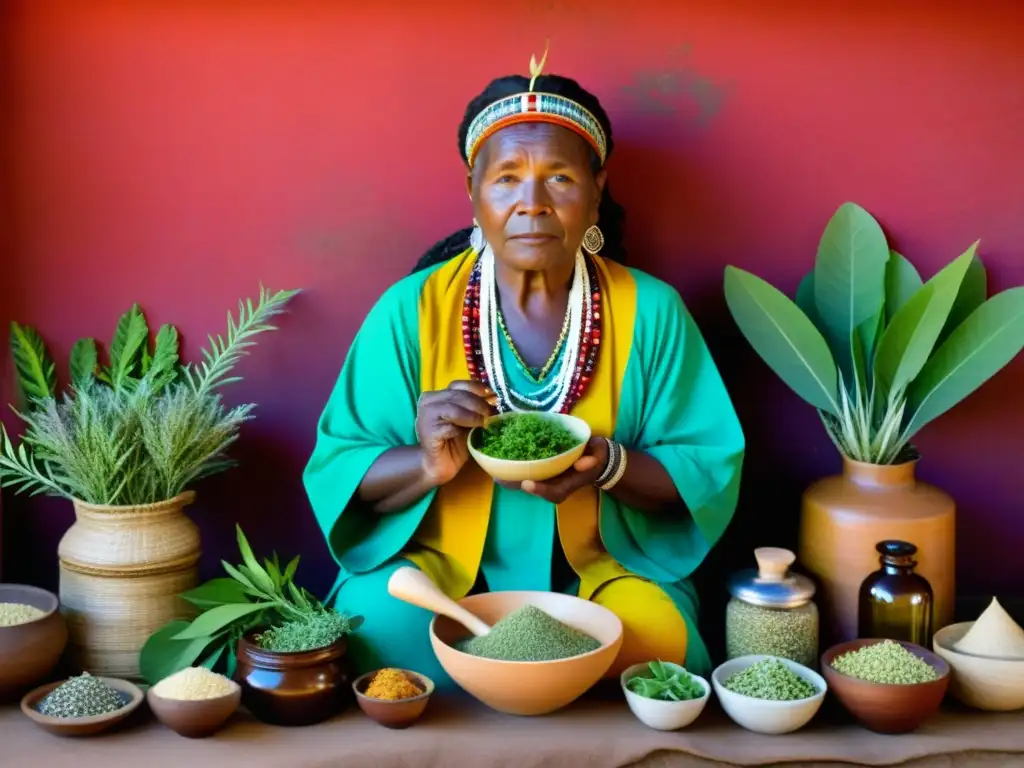 Un sanador de medicina tradicional en una ceremonia, rodeado de hierbas y sabiduría ancestral