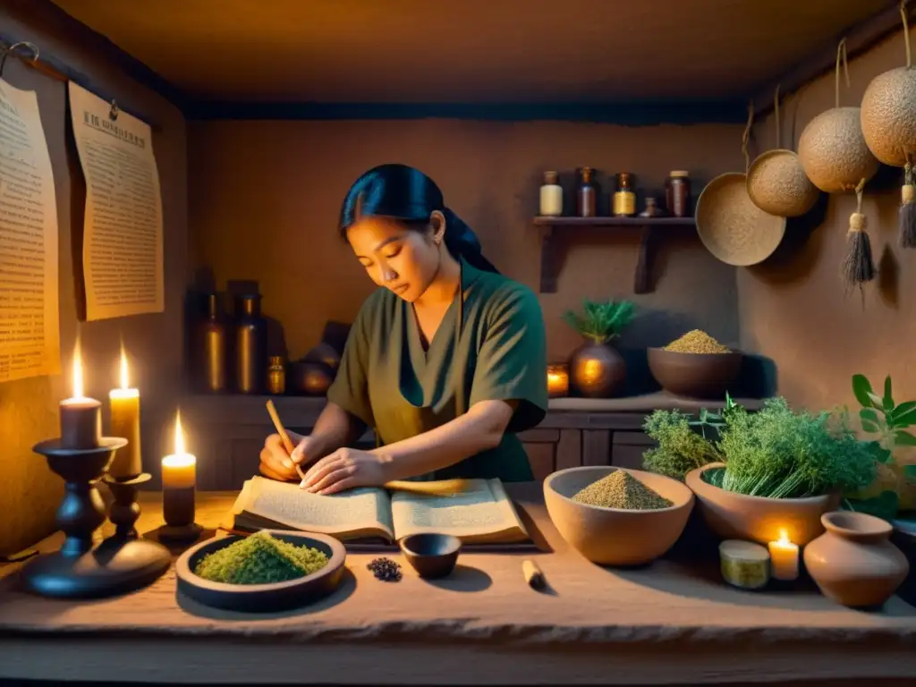 Un sanador de medicina tradicional prepara una cura herbal en un ambiente atmosférico