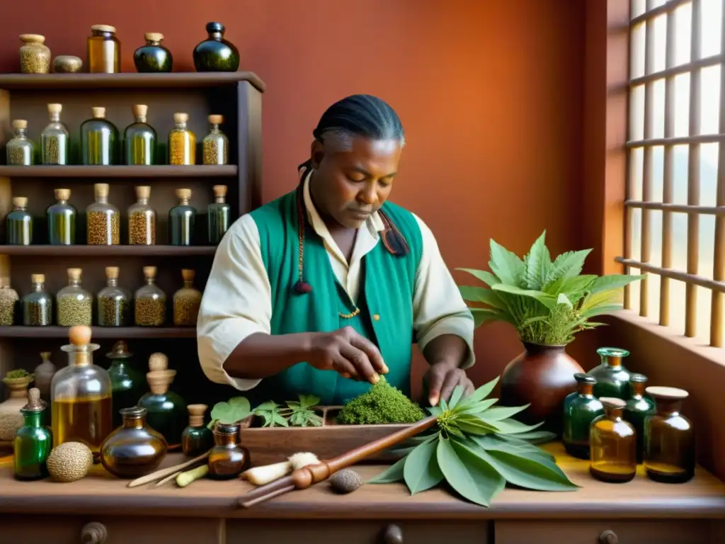 Un sanador de medicina tradicional selecciona cuidadosamente y prepara plantas medicinales, rodeado de botellas y herramientas de farmacia antiguas