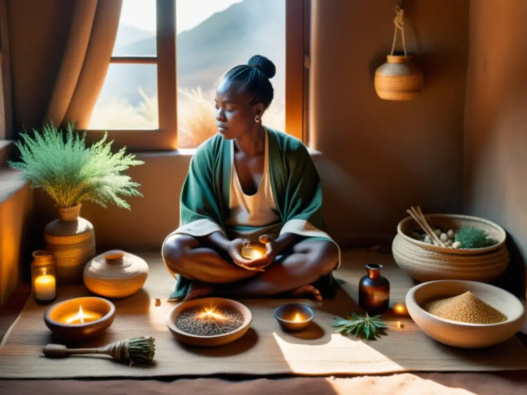 Un sanador de medicina tradicional elabora remedios rodeado de hierbas secas y herramientas tradicionales, bañado por la cálida luz del sol