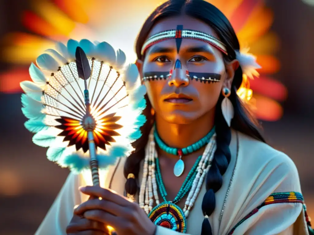 Un sanador nativo americano sostiene un abanico ceremonial de plumas, iluminado por el cálido resplandor de una hoguera