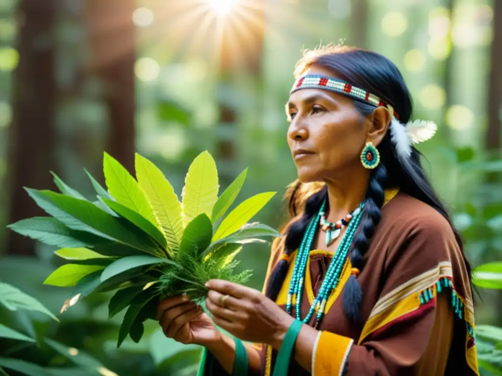 Un sanador nativo americano recolectando hierbas medicinales en el bosque, en armonía con la naturaleza