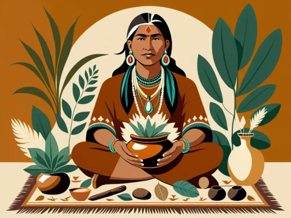 Un sanador nativo americano en ilustración vintage, rodeado de hierbas medicinales y herramientas tradicionales