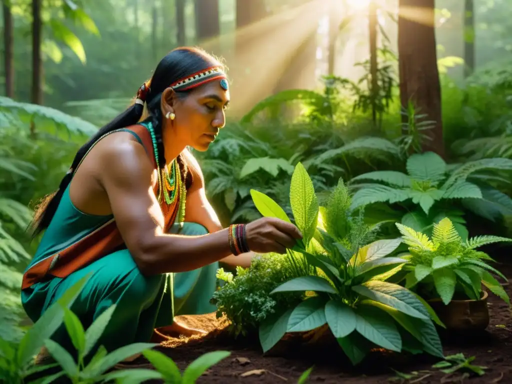 Un sanador nativo reúne hierbas en un bosque exuberante