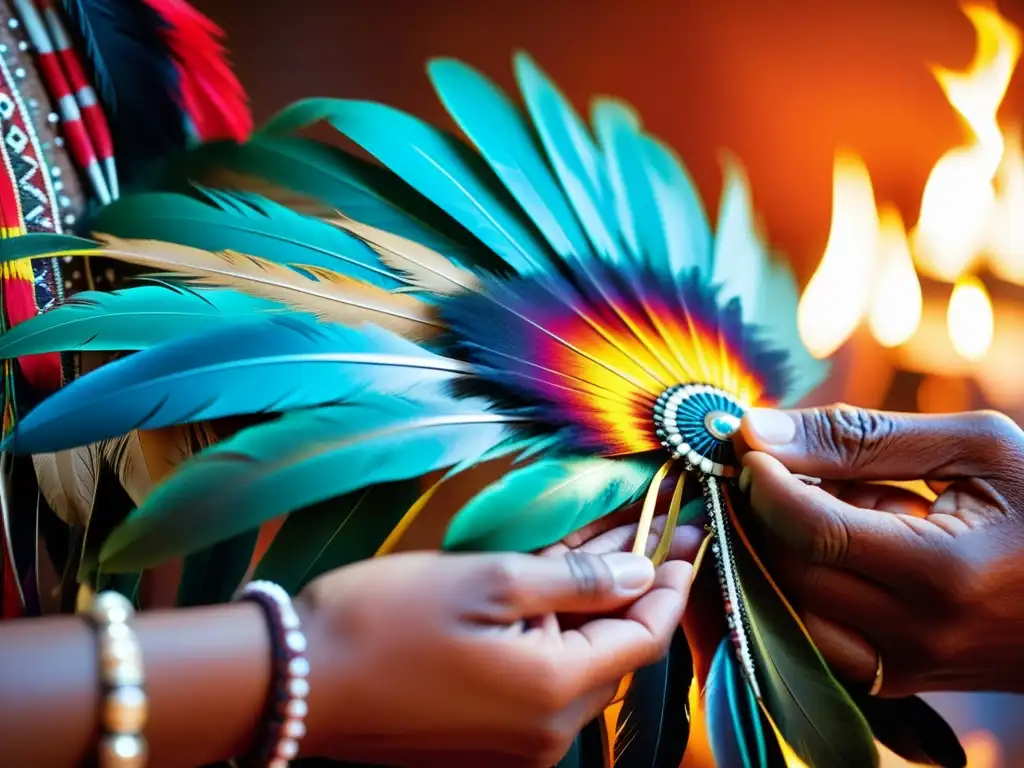 Un sanador nativo cuidadosamente coloca plumas ceremoniales, transmitiendo antigua sabiduría