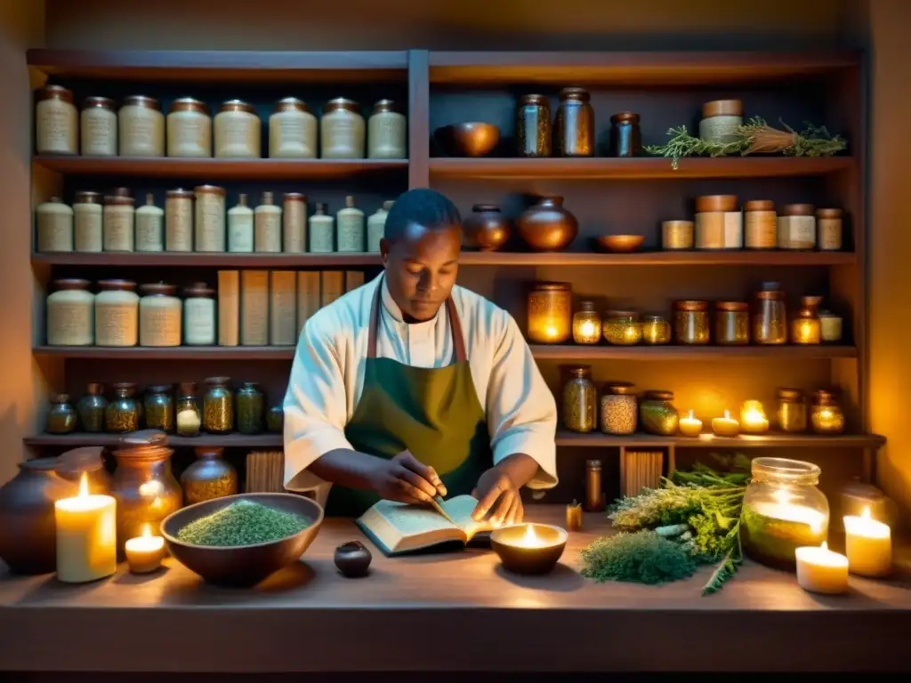 Un sanador prepara una poción herbal en un espacio acogedor y tenue, rodeado de antiguos textos y hierbas secas