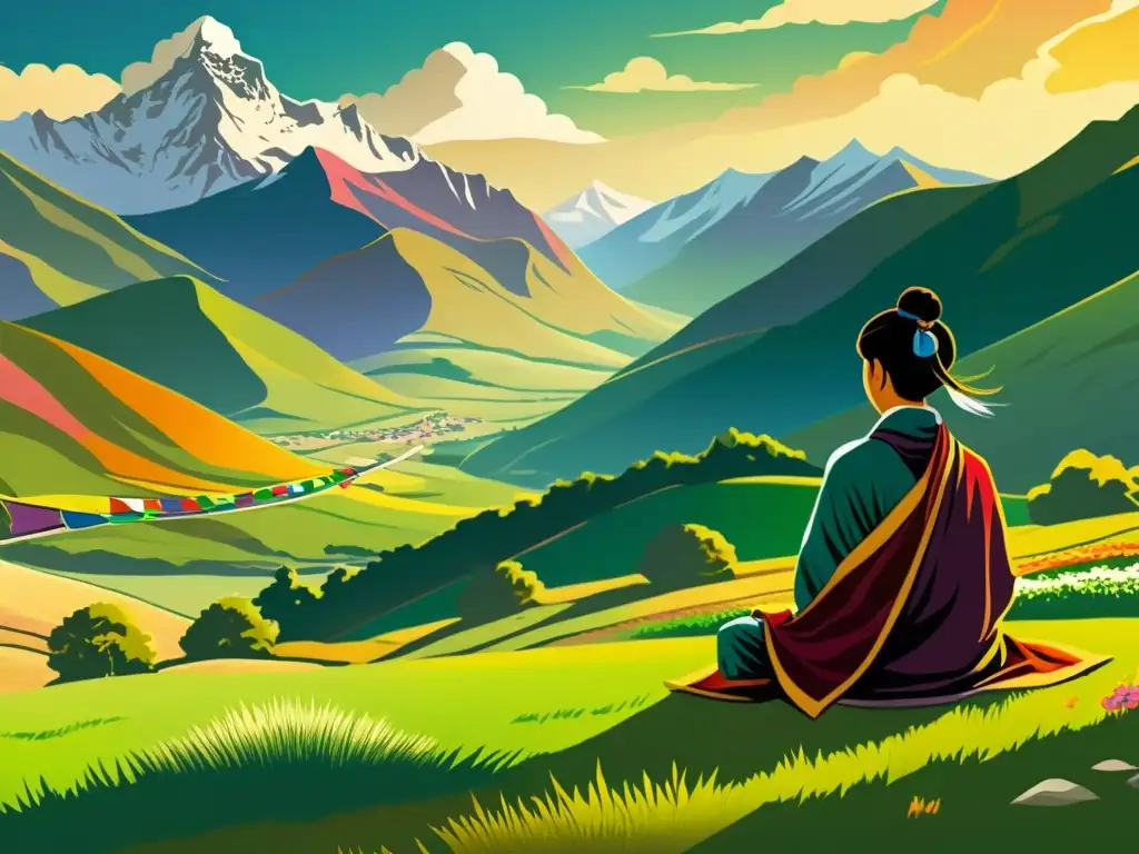 Un sanador tibetano practica medicina tibetana psiconeuroinmunología en paisaje sereno y espiritual