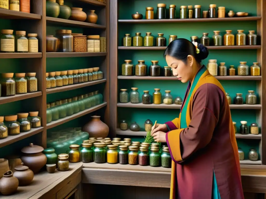 Un sanador tibetano prepara medicina tradicional en un apotecario antiguo