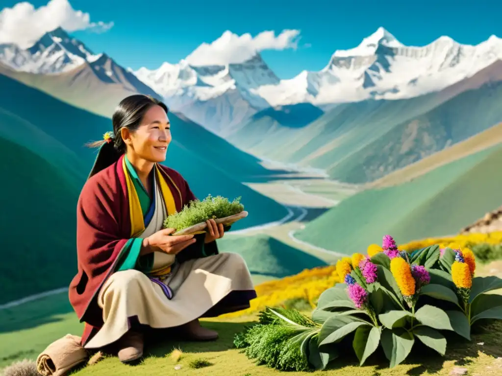 Un sanador tibetano recolecta plantas medicinales en los majestuosos Himalayas, evocando sabiduría ancestral y curación