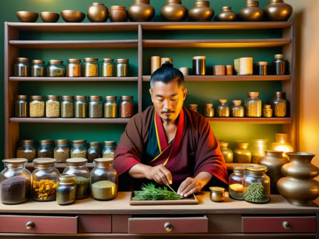 Sanador tibetano en apotecario: tradición curativa Un sanador tibetano prepara remedios herbales en un apotecario iluminado, evocando las prácticas medicinales tradicionales en el Tíbet