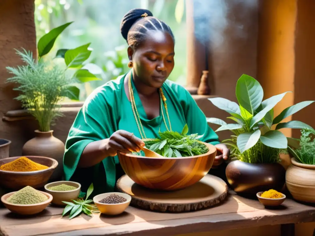 Un sanador tradicional africano prepara hierbas y alimentos medicinales, rodeado de plantas y raíces