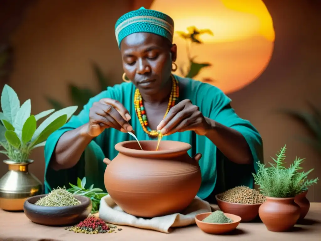 Un sanador tradicional africano prepara una infusión curativa en una olla de barro, rodeado de hierbas secas al atardecer