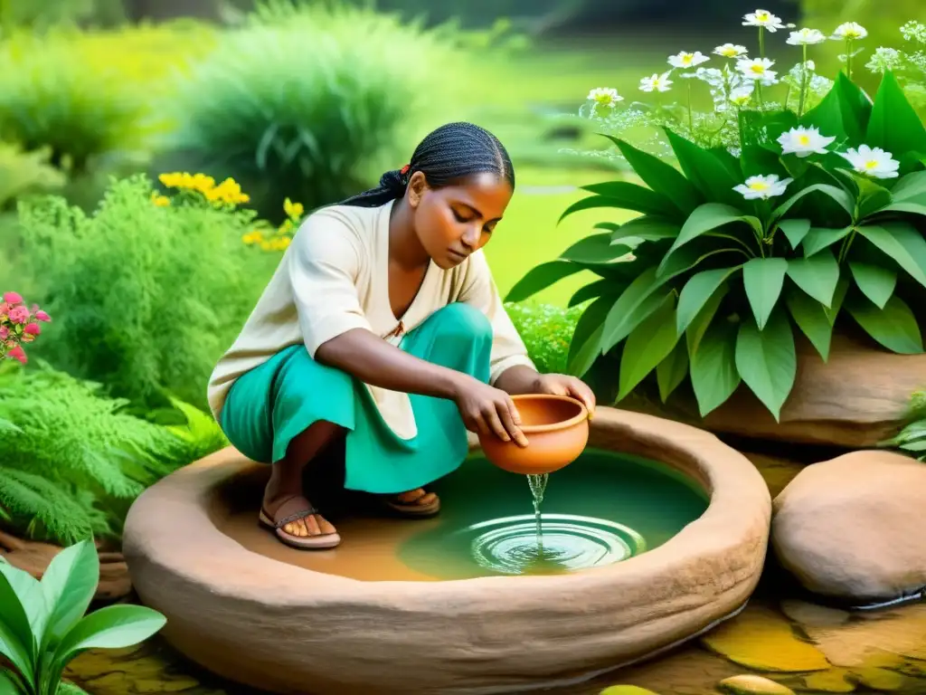 Un sanador tradicional recoge agua de un manantial natural