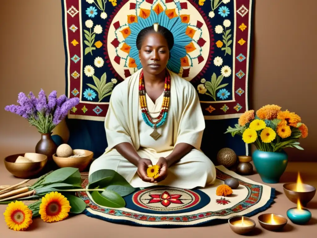 Un sanador tradicional cuida con amor una variedad vibrante de flores medicinales