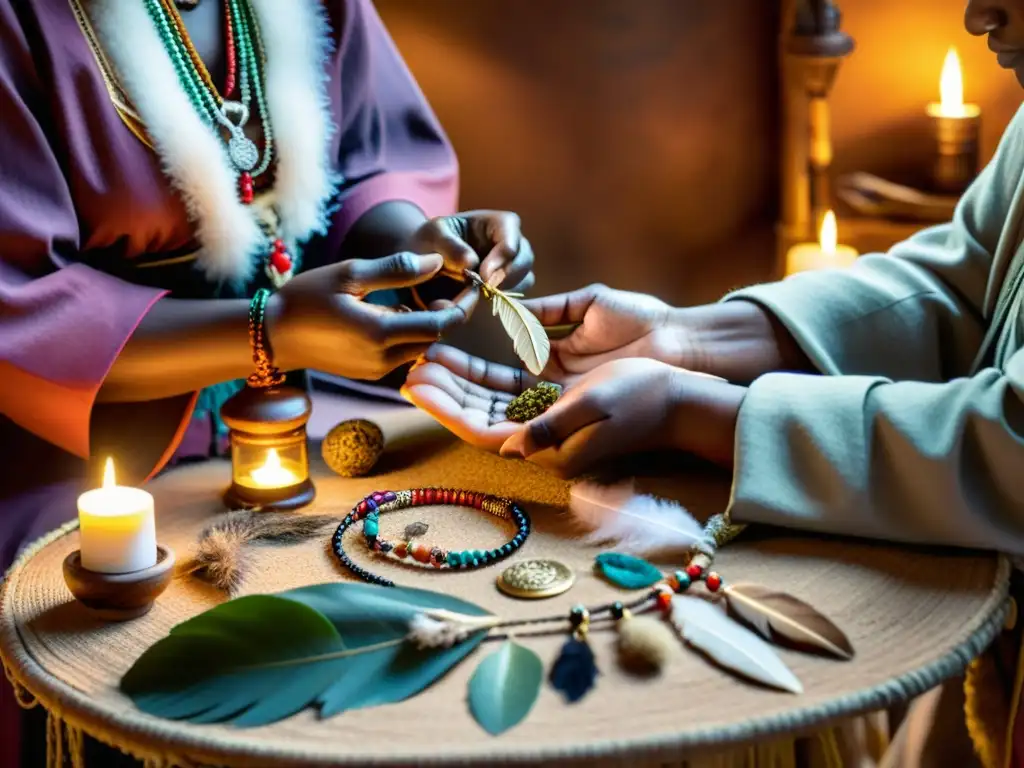 Un sanador tradicional coloca amuletos protectores en medicina tradicional a un paciente, rodeado de hierbas y plumas