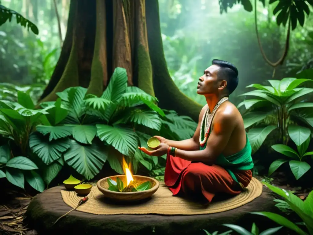 Un sanador tradicional de Borneo realiza un ritual espiritual en la selva, conectado con la naturaleza y la sabiduría ancestral