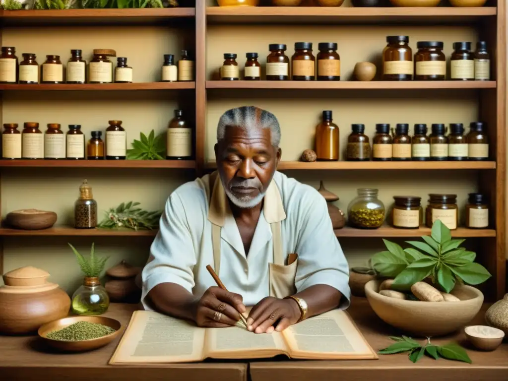 Un sanador tradicional de una comunidad cultural rodeado de antiguos manuscritos y dibujos botánicos, preparando remedios naturales con serenidad