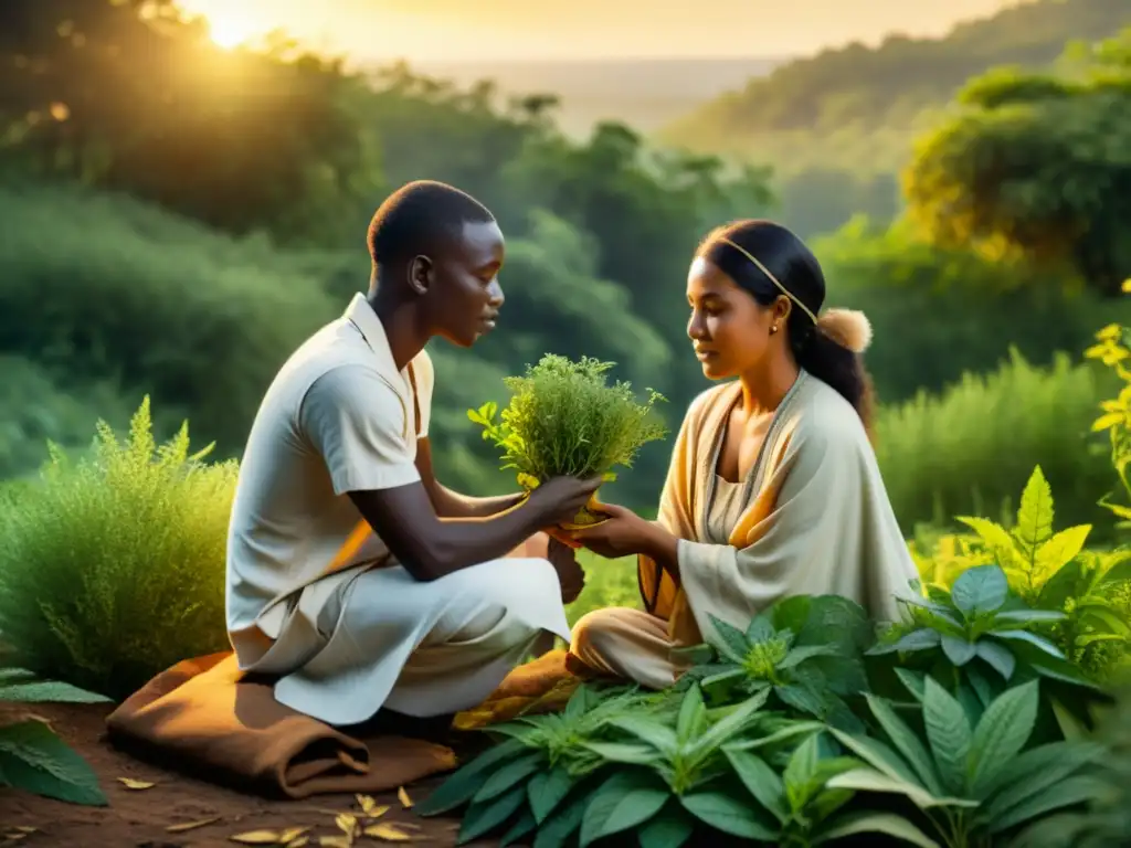 Un sanador tradicional ofrece consejo a un paciente en el bosque, rodeados de plantas medicinales