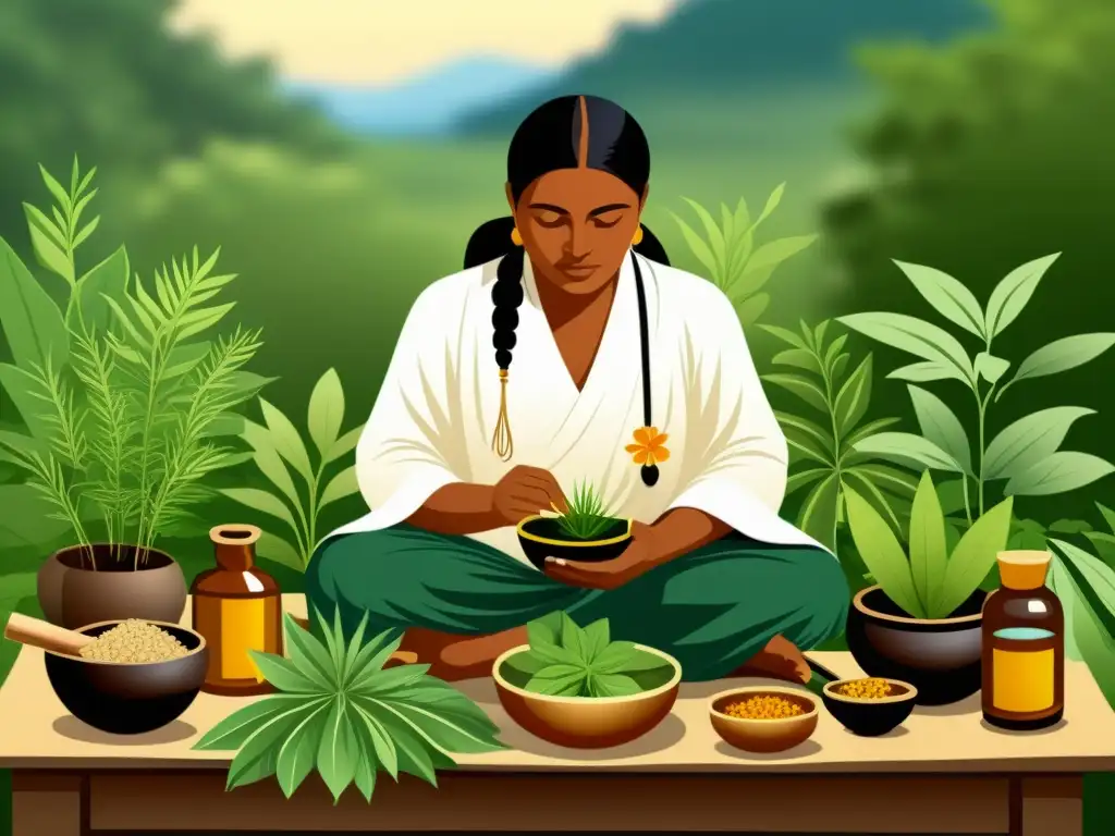 Un sanador tradicional de una cultura indígena elabora remedios herbales en un entorno natural, transmitiendo sabiduría ancestral y la protección de la propiedad intelectual de la medicina tradicional