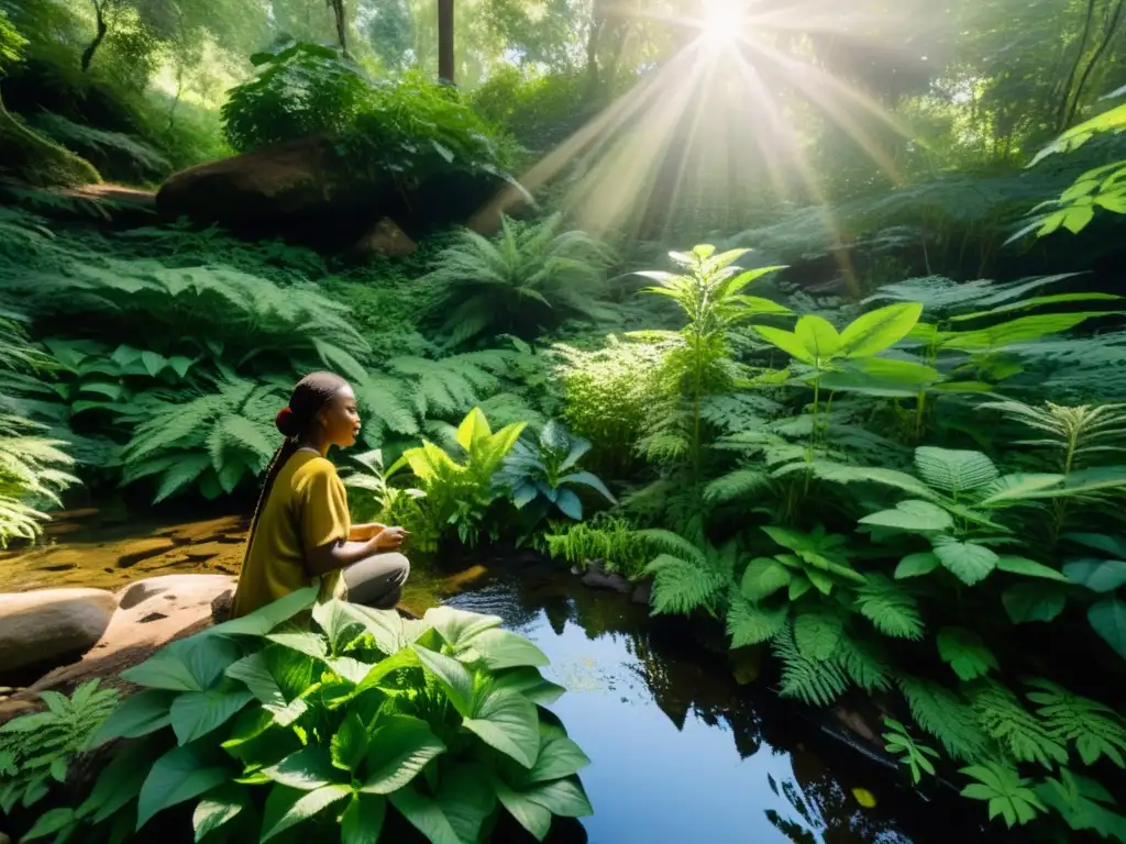 Un sanador tradicional en un exuberante bosque cosechando plantas medicinales, conectado con el poder curativo de la medicina natural