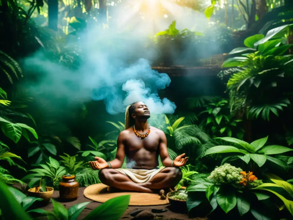 Un sanador tradicional en la exuberante selva realiza una ceremonia de sanación rodeado de plantas medicinales