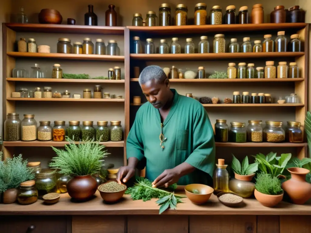 Un sanador tradicional prepara hierbas medicinales en un ambiente cálido y místico, mostrando la conexión entre la naturaleza y la curación