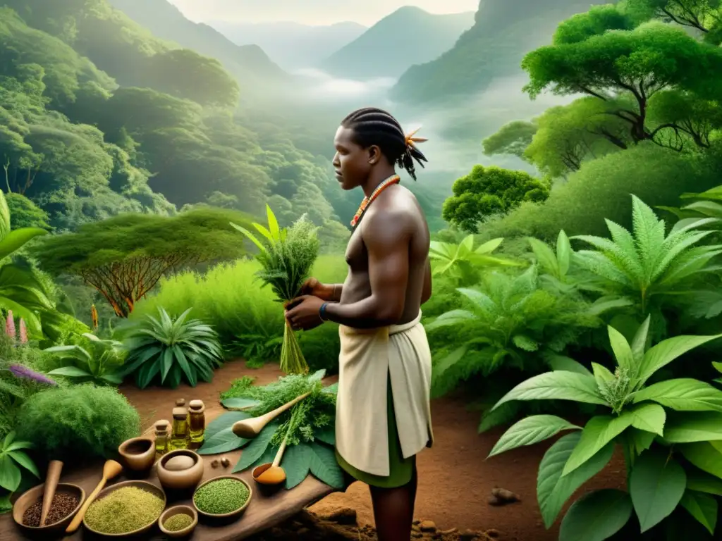 Curandero ancestral recolectando hierbas medicinales en el bosque Un sanador tradicional reúne y prepara hierbas medicinales en un exuberante bosque, mostrando la integración fitoterapia ancestral medicina