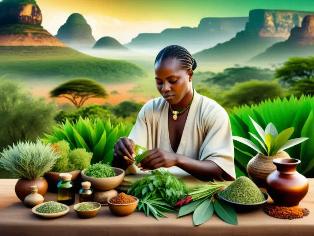 Un sanador tradicional africano selecciona cuidadosamente hierbas medicinales y sustancias naturales, rodeado de exuberante vegetación y colores vibrantes