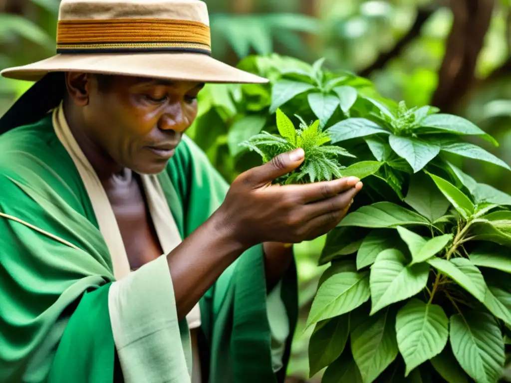 Un sanador tradicional recoge hierbas medicinales en la exuberante selva, demostrando la conexión entre medicina tradicional y conservación ambiental